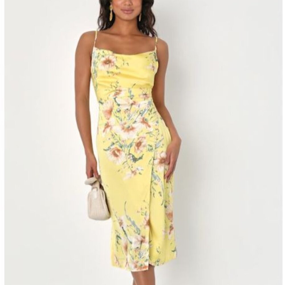 Sunny Blossom Yellow Floral Print Satin Cowl Neck Midi Dress (New with tags)